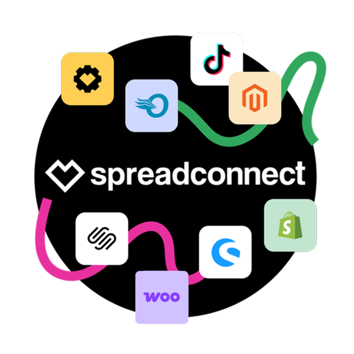 integration icons for platforms like shopify, squarespace, and tiktok you can use to sell with spreadconnect